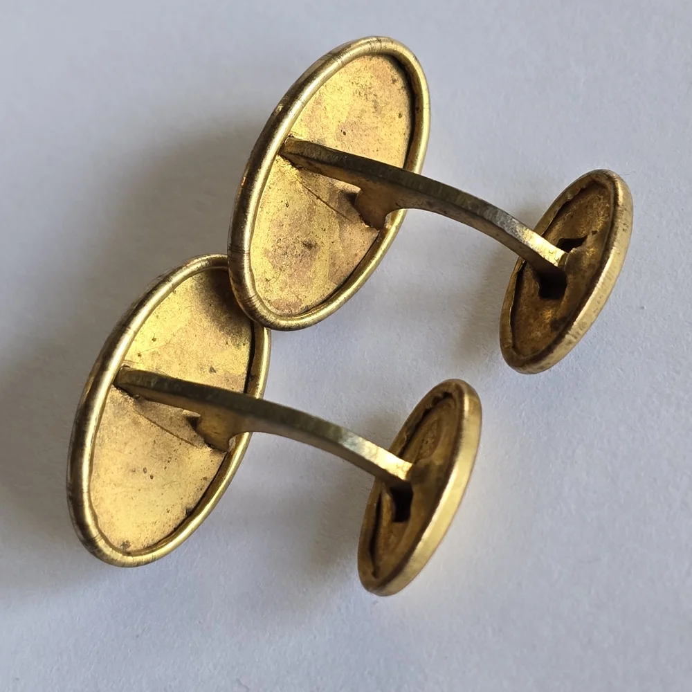 Vintage cuff links gold tone oval engraved leaves lines edwardian art deco